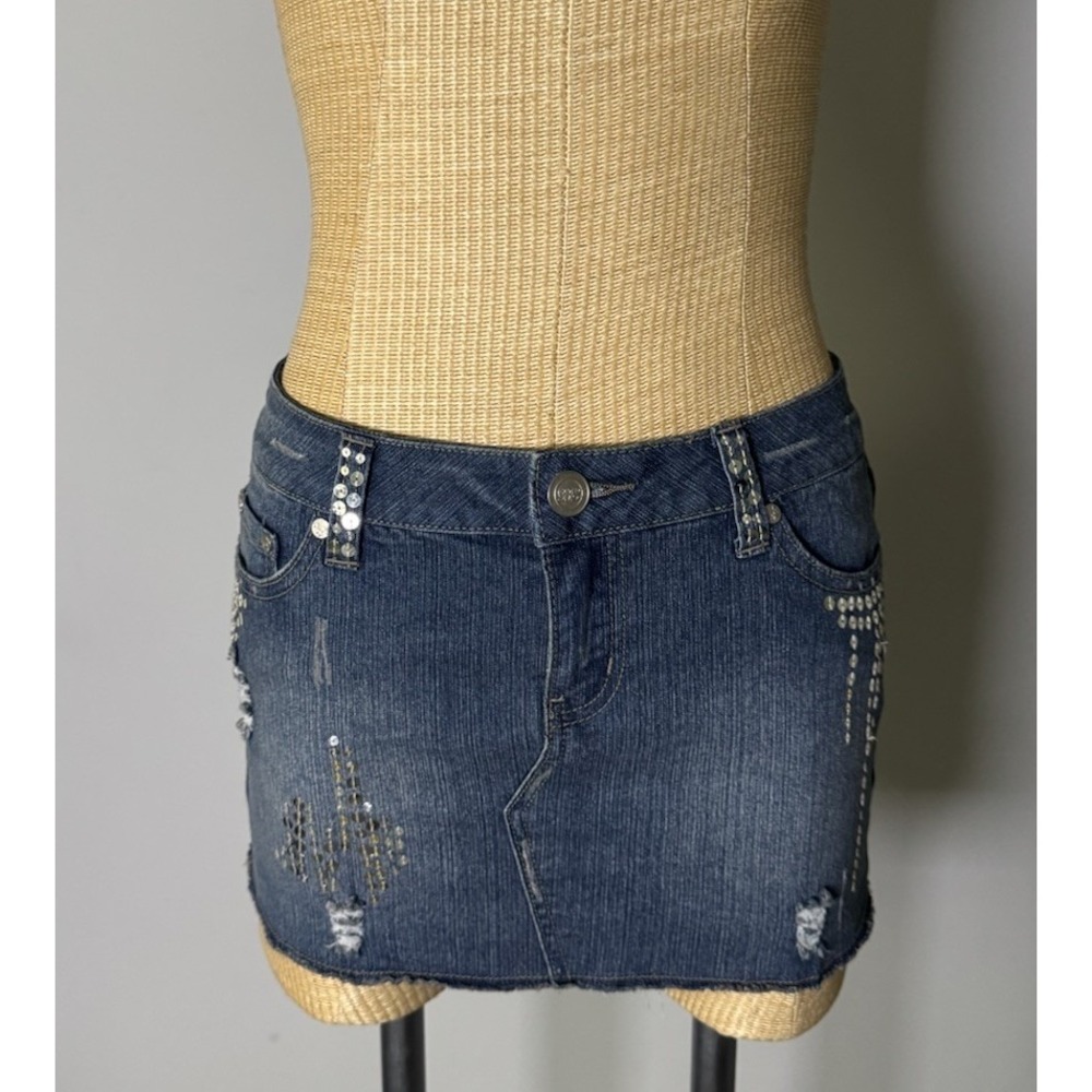 Vintage Y2K Micro Mini Denim Skirt Bubblegum Jeans Size 6 Stretch Sequin Accents